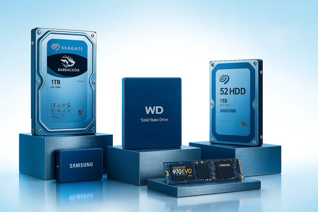 تصویر فضاهای ذخیره سازی مختلف، هارد hdd 3.5" هارد 2.5اینچ ، دیسک ssd و nvme درایو