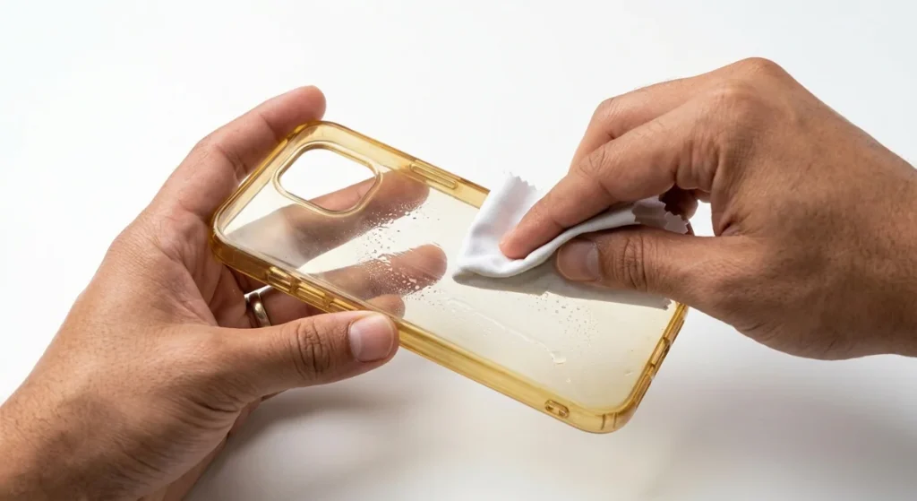cleaning transparent case cover چرا قاب شفاف زرد میشود؟ + راهکار جلوگیری از زرد شدن